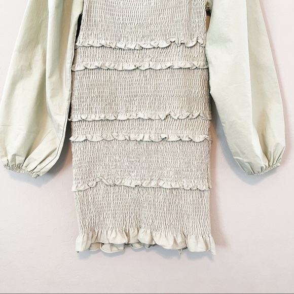 Topshop Women's Smocked Mini Dress Off The Shoulder Balloon Sleeve Green 10 - Picture 4 of 7